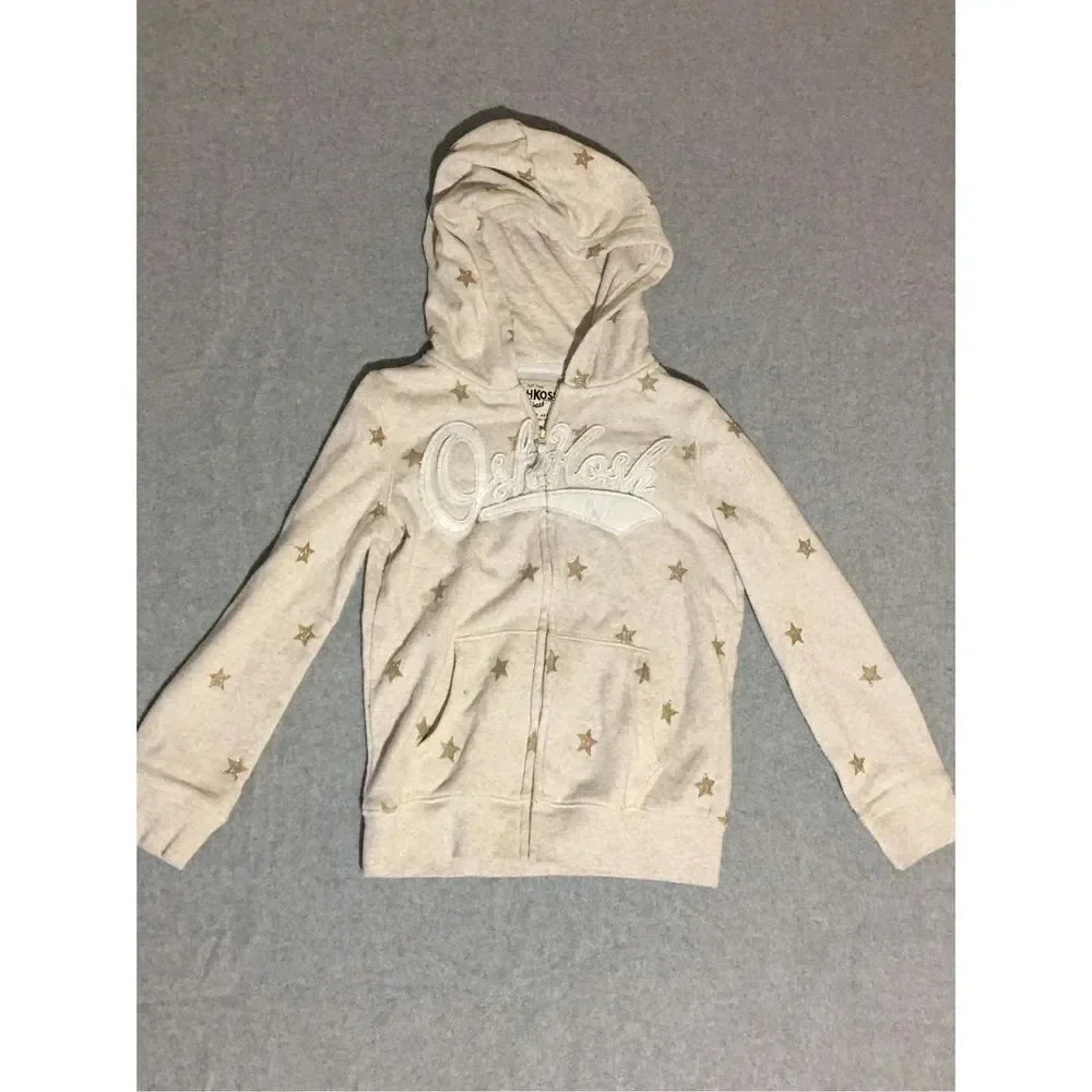Kids OshKosh B’gosh Hoodie Size 7 Grey Gold Stars Logo Zip Up Winter Fall Autumn
